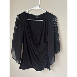 Y2K Roz & Ali Black‎ Pearl Embellished Ruched Faux Wrap Blouse Glam Goth Grunge